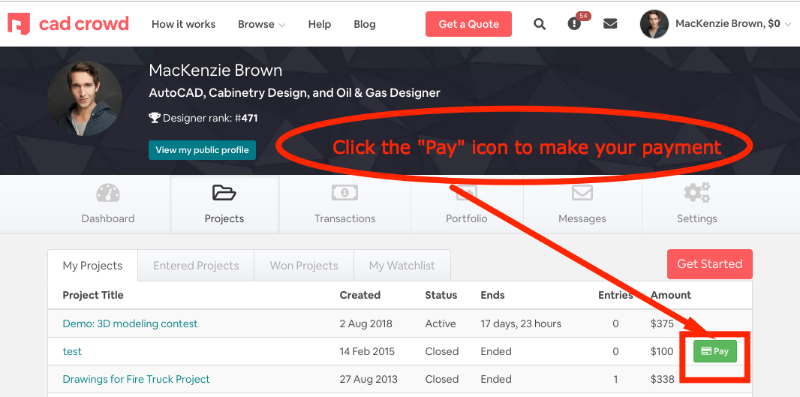 Add a payment to your CAD design contest