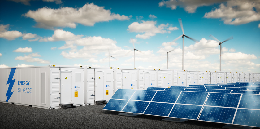 Concept of container Li-ion energy storage system. Renewable energy power plants – photovoltaics, wind turbine farm and battery container. 3d rendering.