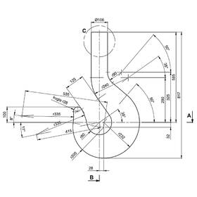 Technical 2D CAD drawing of a crane hook