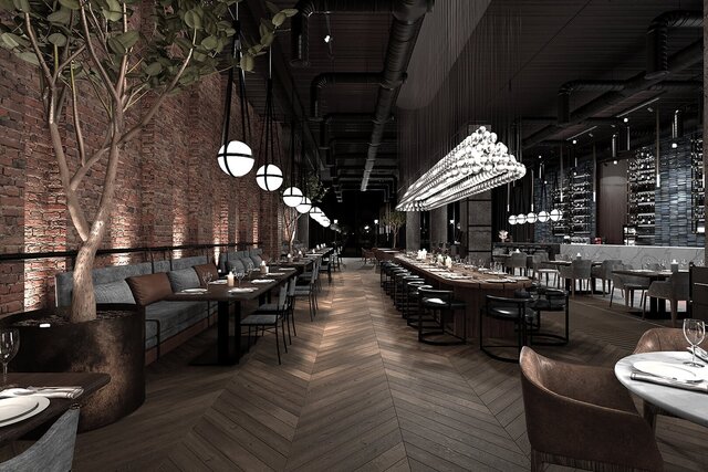 Dark Restaurant Interior Design | 3D Architectural Visualization – image 4 of 5
