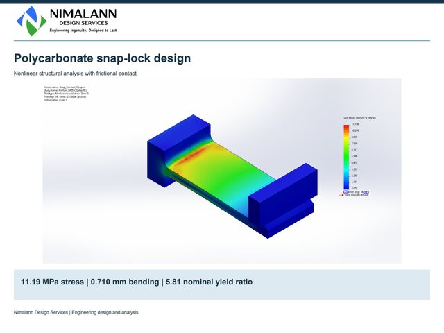 Polycarbonate Snap-Lock | SOLIDWORKS Nonlinear Contact Analysis – image 1 of 4