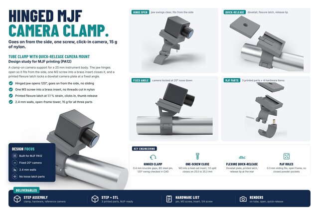 MJF Hinged Tube Clamp with Quick-Release Camera Mount | PA12, Design for 3D Printing – image 2 of 7