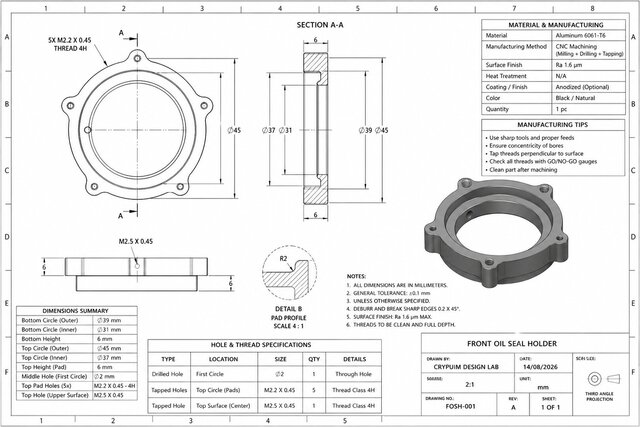 3D model of CASE OF STUDY CNC Machined Front Oil Seal Holder – Aluminum 6061-T6