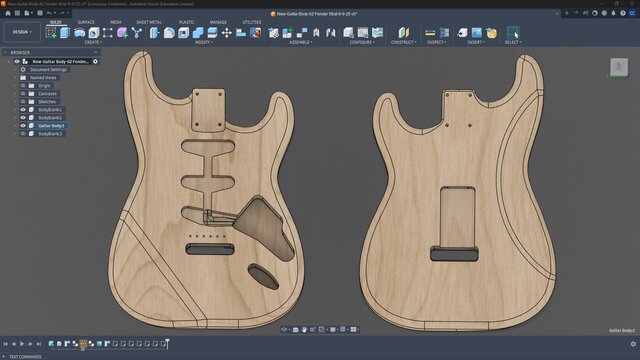 3D model of S-Style Double-Cutaway Guitar Body - Design, Two-Sided CAM, Machined