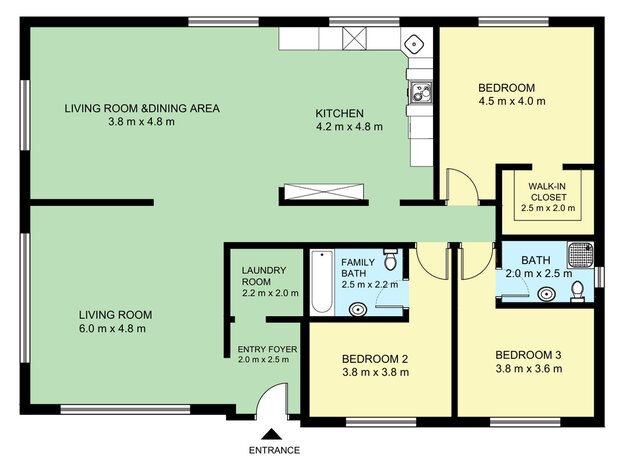 3D model of 2D Colored Floor Plan Presentation for Real Estate & Marketing