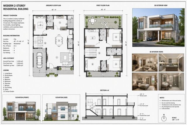 modern 2-storey residential building architectural plan