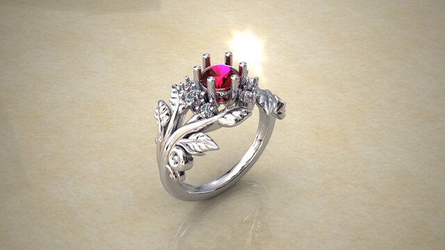 White Gold Ruby Floral Ring CAD Design