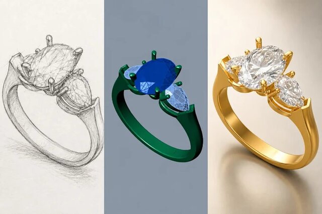 Concept-to-CAD Three-Stone Ring Design | Jewelry CAD, 3D Modeling & Photorealistic Rendering