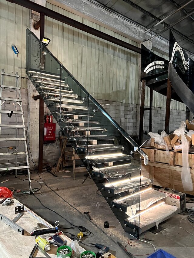 3D model of Custom Steel-and-Wood Straight Staircase | Factory Trial Assembly