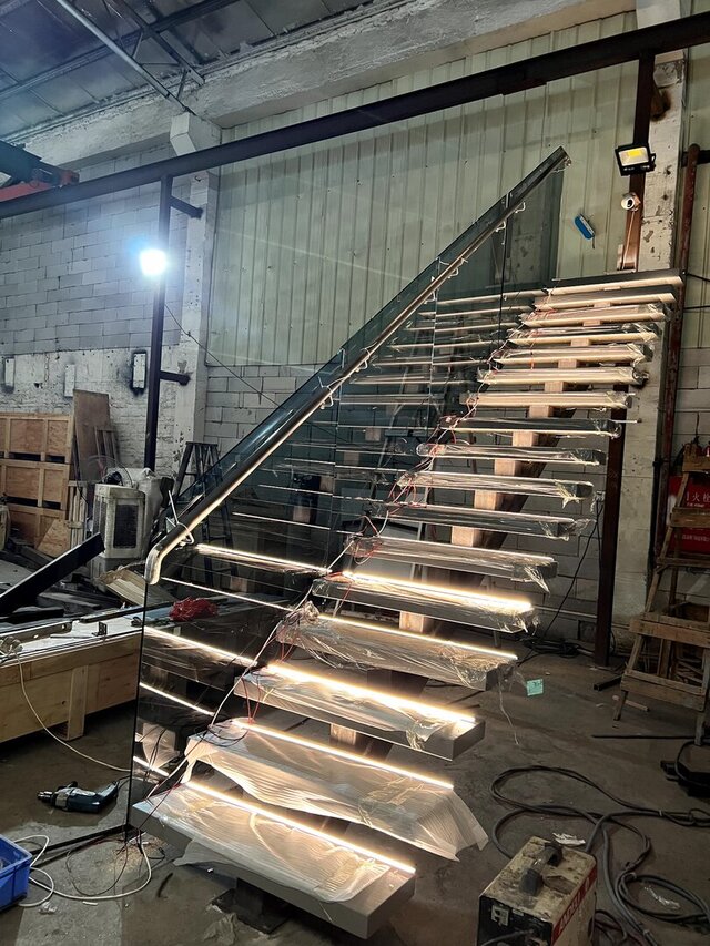 3D model of Custom Steel-and-Wood Straight Staircase | Factory Trial Assembly