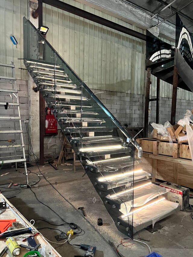 3D model of Custom Steel-and-Wood Straight Staircase | Factory Trial Assembly