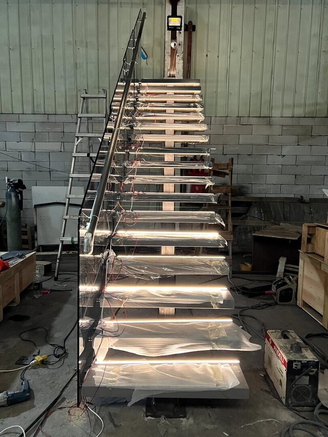 3D model of Custom Steel-and-Wood Straight Staircase | Factory Trial Assembly