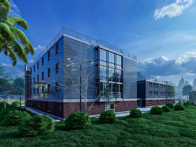 3D model of Photorealistic 3D Exterior Rendering of a Modern Commercial Facility with Sleek Metal Cladding and Brick Facade  Professional Architectural Visualization
