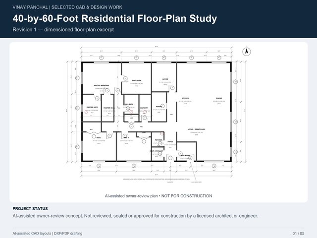 Model Space Cad 40-by-60-Foot Residential Floor-Plan Study - download free 3D model by ...