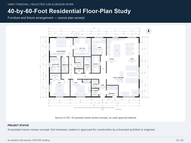 Model Space Cad 40-by-60-Foot Residential Floor-Plan Study - download free 3D model by ...