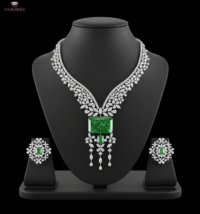 3D model of Luxury + Emerald + Diamond + Necklace Set + Manufacturing-Ready + Jewellery CAD