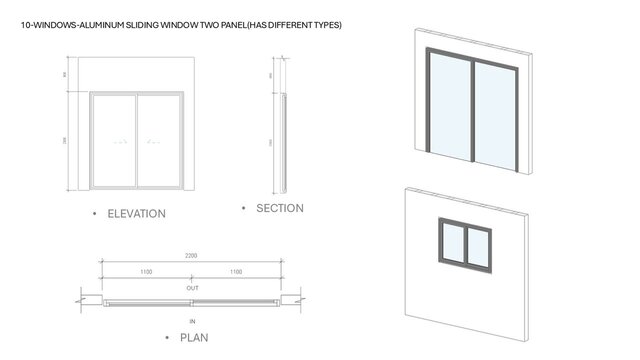 3D model of Parametric Aluminum Window Families in Revit (14 Types)