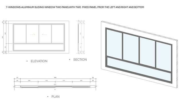 3D model of Parametric Aluminum Window Families in Revit (14 Types)