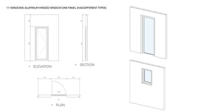 3D model of Parametric Aluminum Window Families in Revit (14 Types)