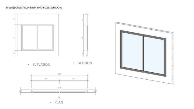 3D model of Parametric Aluminum Window Families in Revit (14 Types)