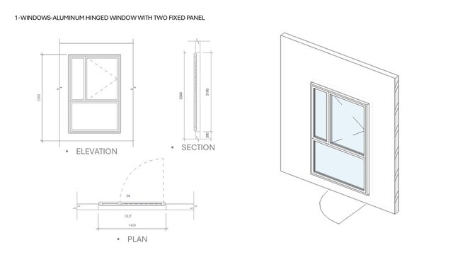 3D model of Parametric Aluminum Window Families in Revit (14 Types)