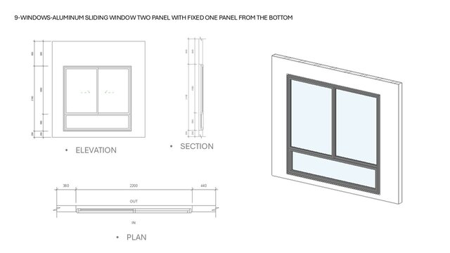 3D model of Parametric Aluminum Window Families in Revit (14 Types)