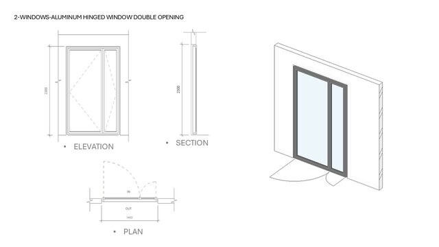 3D model of Parametric Aluminum Window Families in Revit (14 Types)