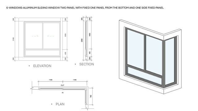 3D model of Parametric Aluminum Window Families in Revit (14 Types)