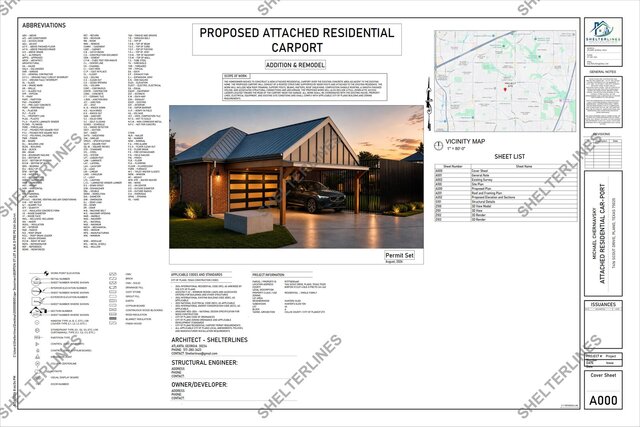 Attached Residential Carport Addition in Plano, TX | Permit Plans & 3D Visualization