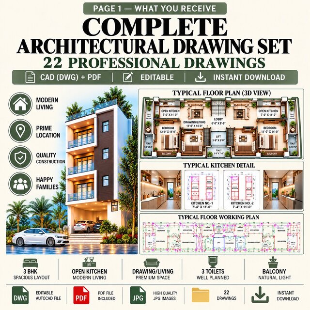 24 x 89.3 ft 3BHK Residential Flat – Architectural Floor Plan – image 2 of 6