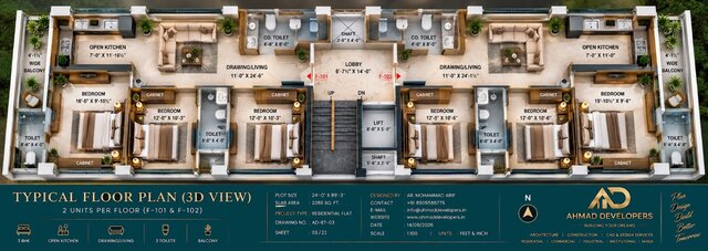 24 x 89.3 ft 3BHK Residential Flat – Architectural Floor Plan – image 3 of 6