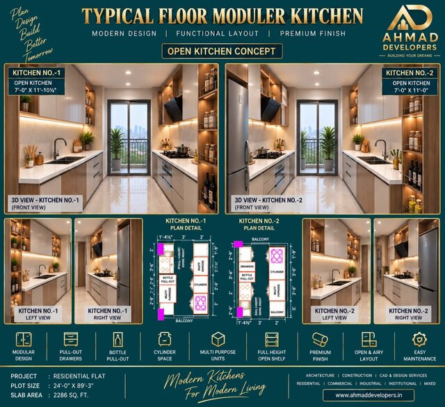 24 x 89.3 ft 3BHK Residential Flat – Architectural Floor Plan – image 4 of 6