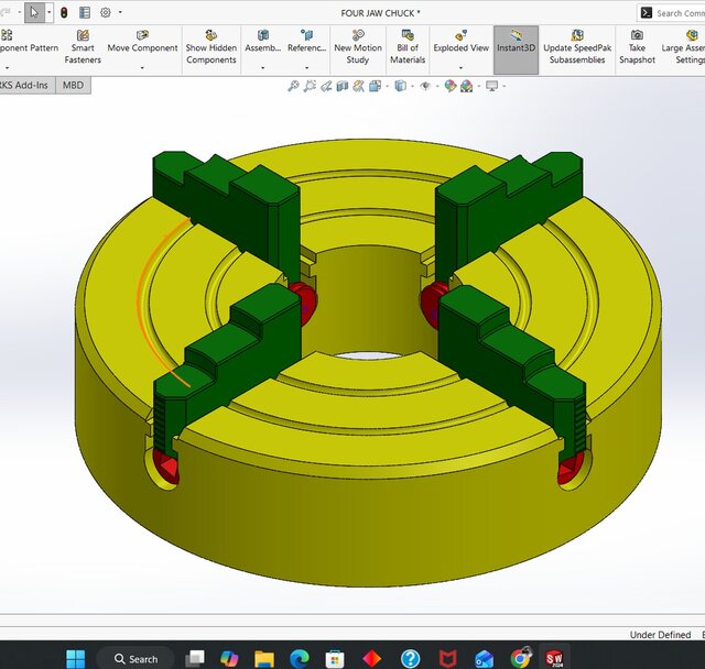 3D model of FOUR JAW CHUCK ASSY IN SOLIDWORKS