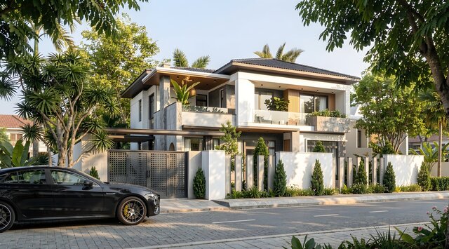 Modern Villa Exterior Rendering | Day & Dusk View – image 1 of 3