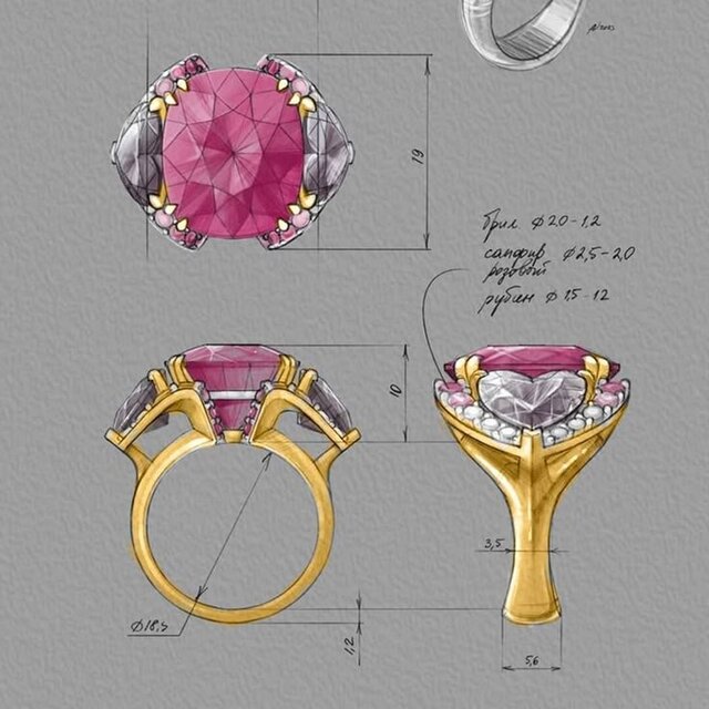 3D model of Luxury Cocktail Ring: 2D Sketch to 3D CAD