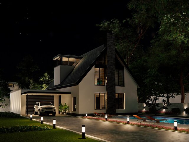 3D model of contemporary-two-story-a-frame-luxury-villa-with-pool-carport-premium-3d-architectural-visualization-showcase-night-clay-views-