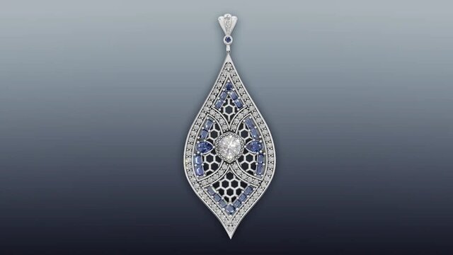 Art Deco 14K White Gold Pendant with Round Diamond and Blue Sapphires