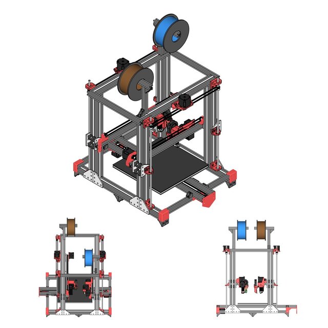 3D model of Hybrid printer with two extruders and a laser module