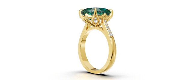 Cushion emerald ring solitare Flower design CAD Design | Rhino + MatrixGold | Production STL