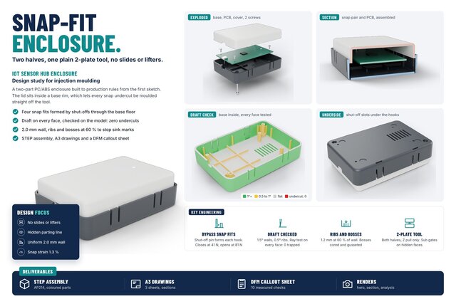 Injection Molded Electronics Enclosure | Snap Fits, Bosses, Ribs, Draft, DFM – image 9 of 10