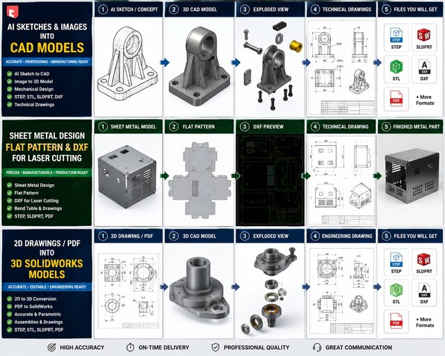 I will convert 2D drawings, PDFs, or sketches into accurate 3D SolidWorks models