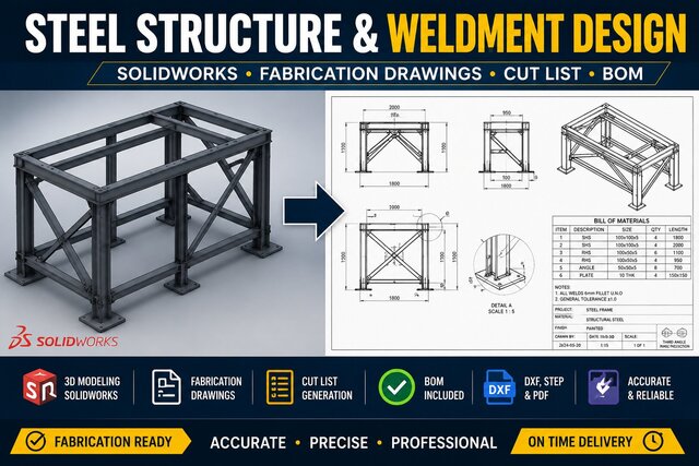 I will design steel structures and weldments in SolidWorks with fabrication drawings